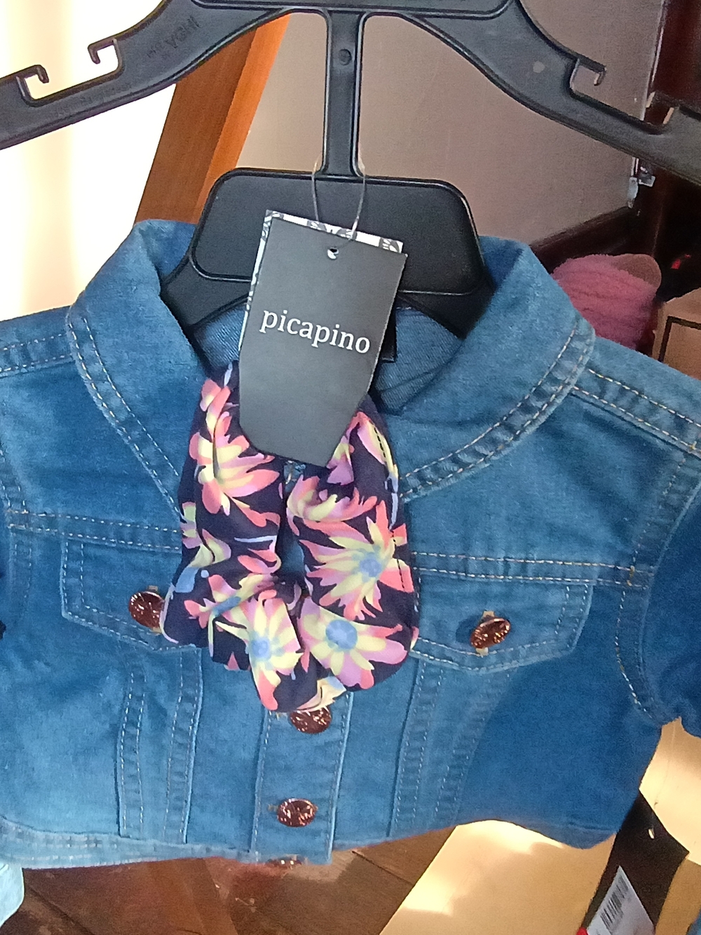 Picapino Girls' Blue Denim Jacket with Floral Scarf Accent